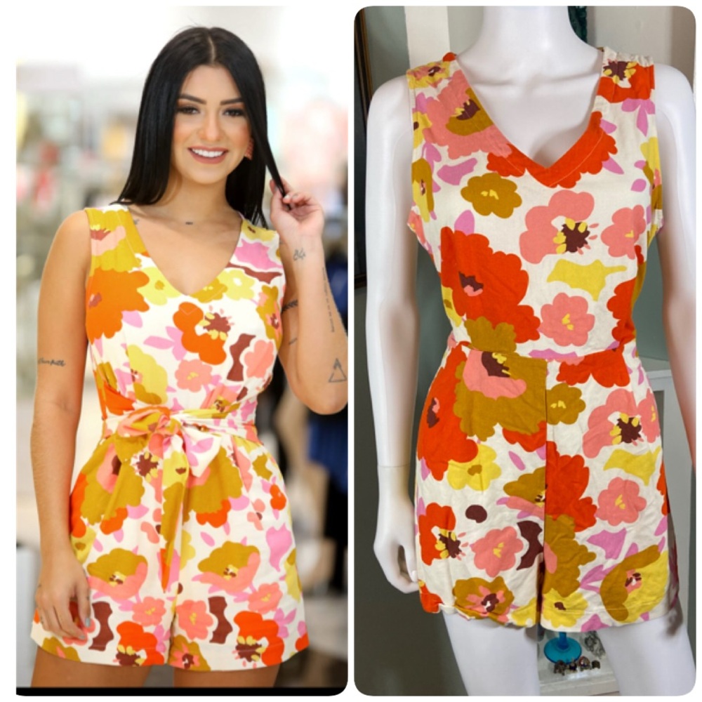 Lush Floral Poppy Poppies Romper Linen Blend Large L Retro Shorts Playsuit